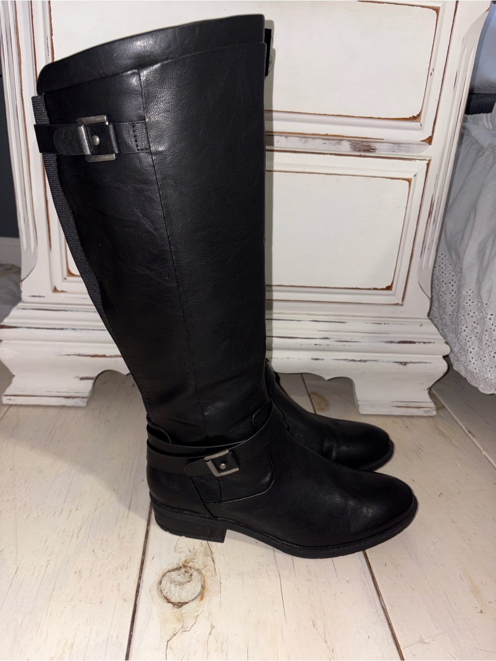 BareTraps Yalina Black Vegan Leather Tall Riding Boots with Buckle Women’s 8.5